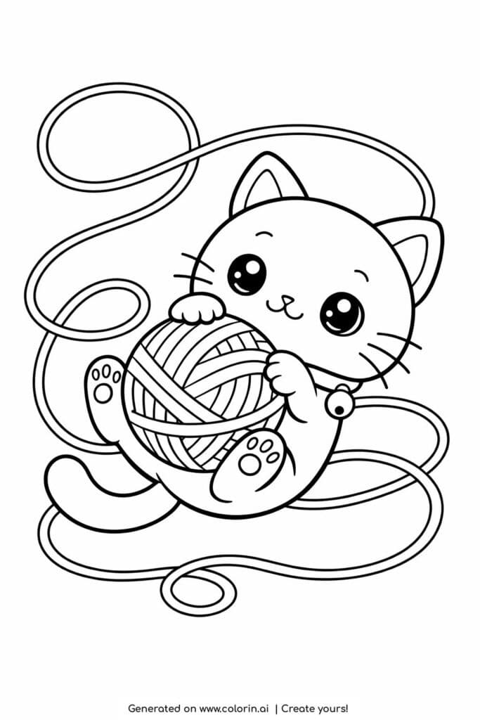 kitten playing with yarn ball coloring page with long swirling string coloring page