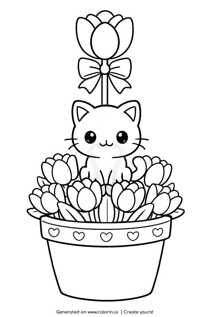 kitten sitting in tulip flower pot coloring page with bow and heart decorated pot coloring page