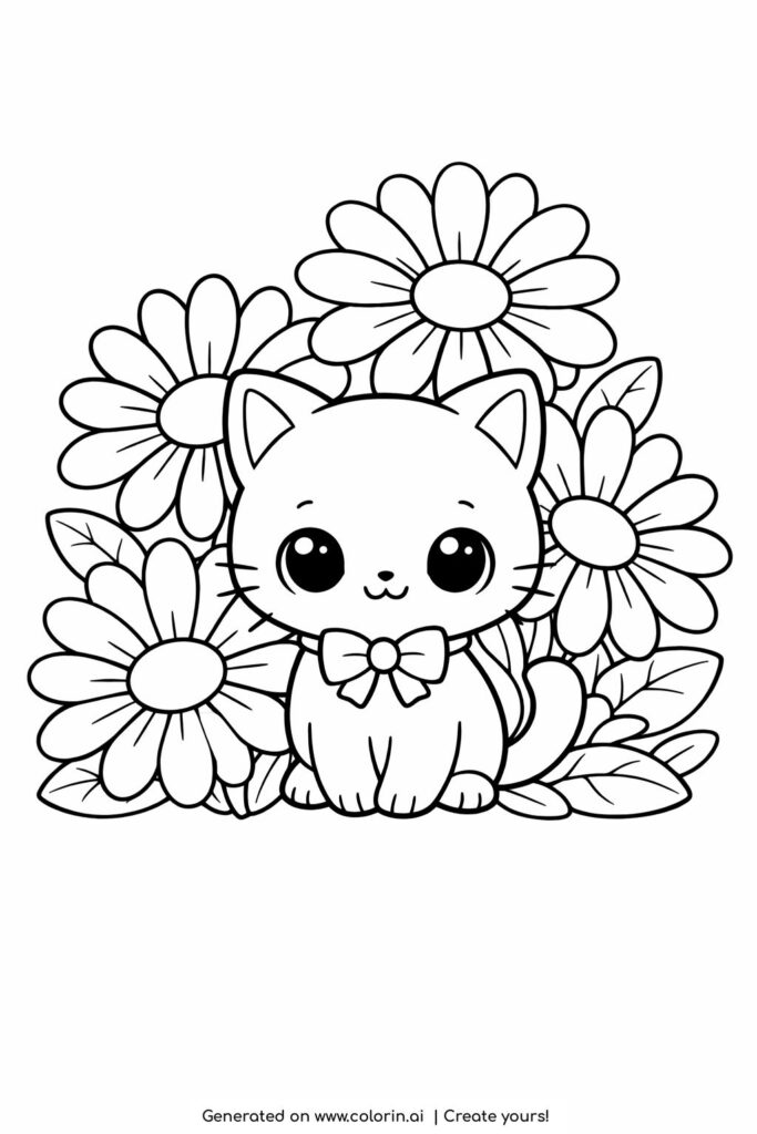 kitten sitting with daisies coloring page surrounded by large flowers and leaves coloring page