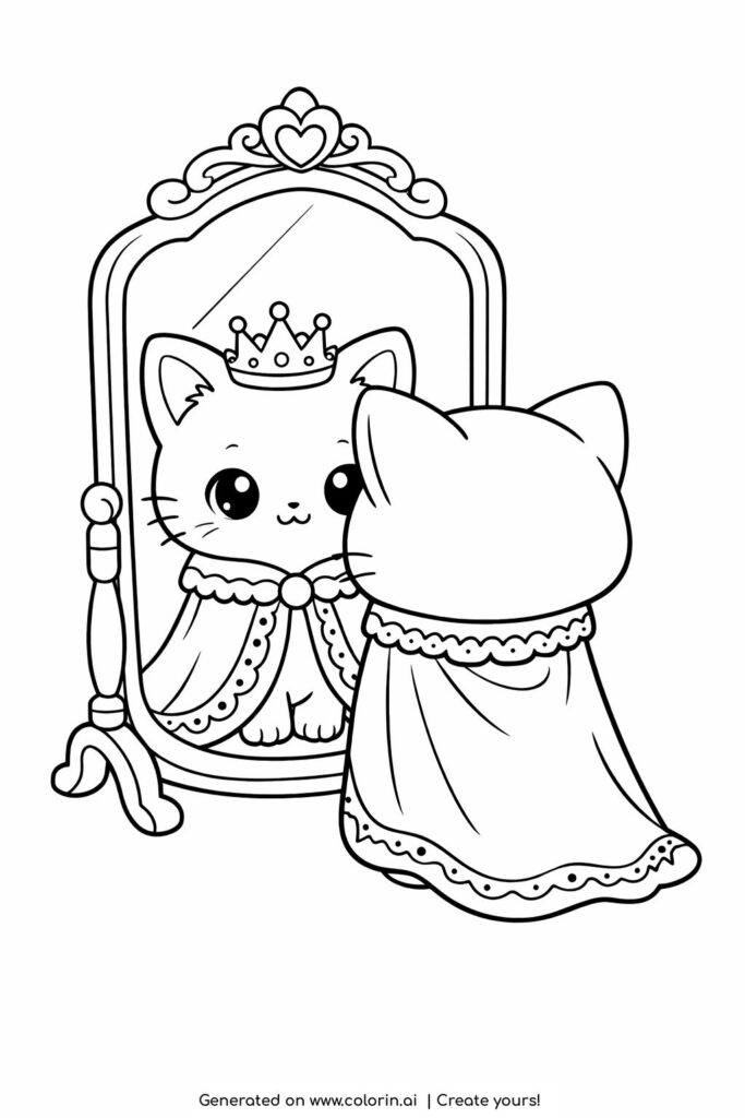 kitten with crown in mirror coloring page featuring a small cat with cape looking at its royal reflection coloring page