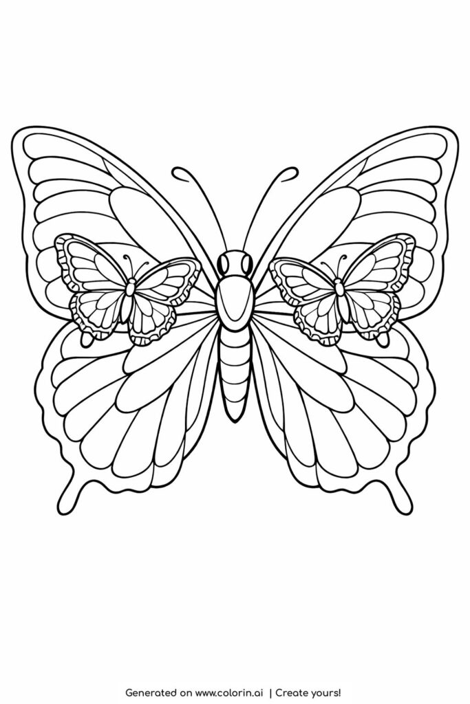large butterfly with two smaller butterflies coloring page with symmetrical wings and detailed patterns coloring page