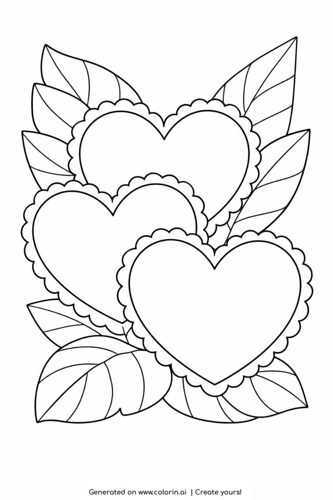 layered hearts with leaves coloring page featuring overlapping heart shapes and large decorative leaves coloring page