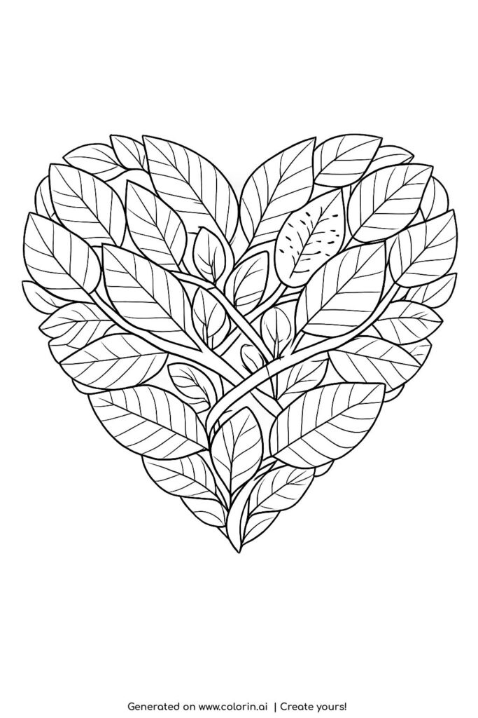 leafy heart made of leaves coloring page featuring detailed botanical leaves forming a heart coloring page