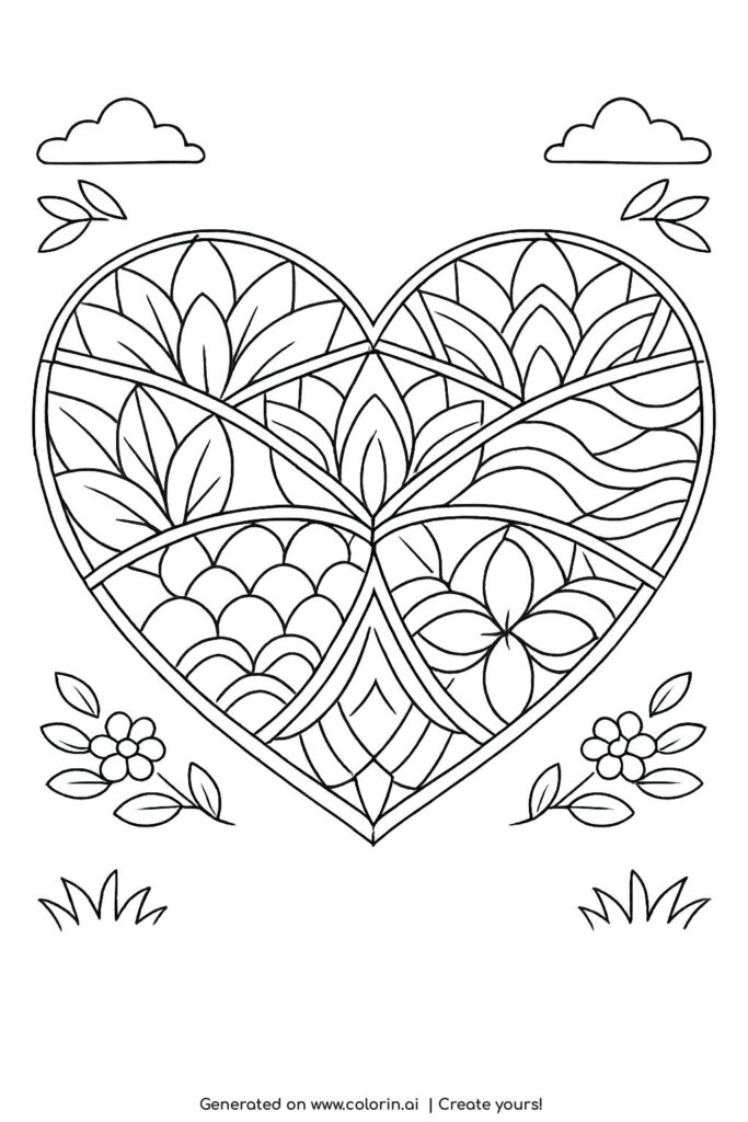 mandala heart with floral patterns coloring page featuring symmetrical sections and detailed botanical shapes