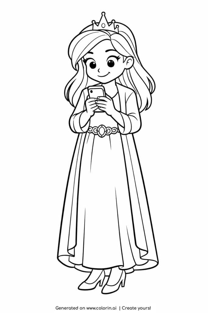 modern princess texting on phone coloring page featuring a crowned girl in a long dress coloring page