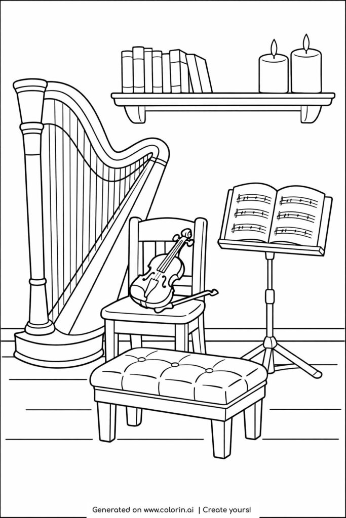 music room with harp and violin coloring page featuring sheet music and candles coloring page