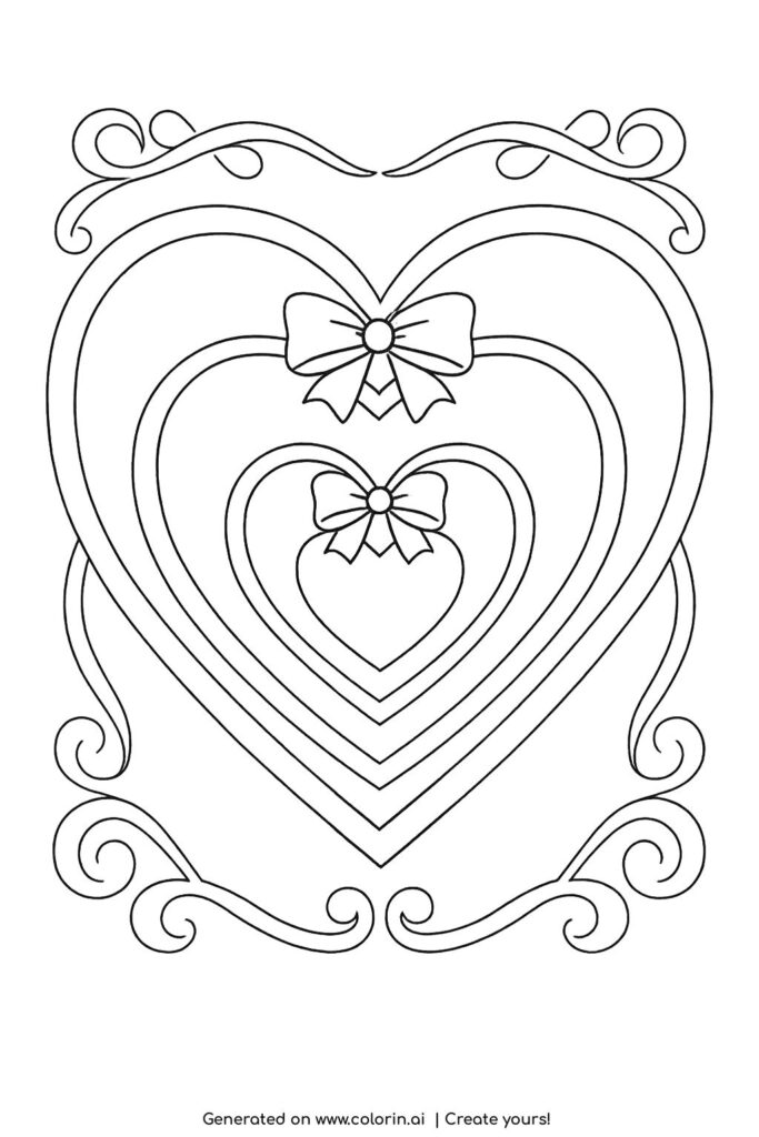 nested hearts with bows coloring page featuring three layered hearts with decorative frame coloring page