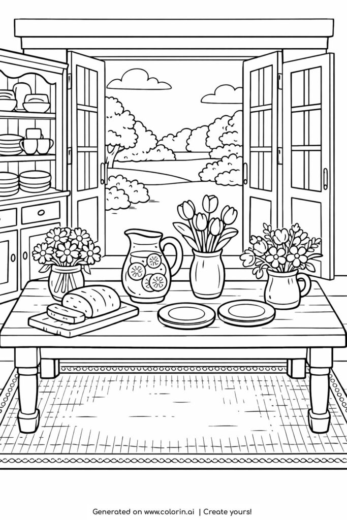 open door summer dining table coloring page with a wooden table, lemonade pitcher, flowers, and garden view coloring page