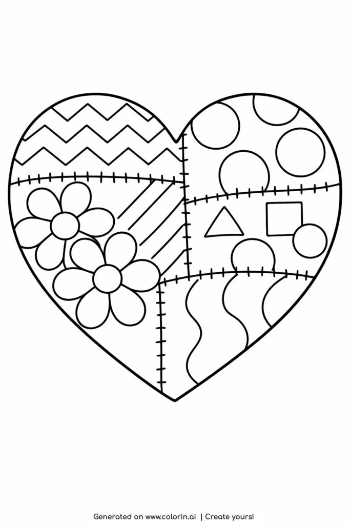 patchwork heart pattern coloring page showing a heart divided into quilt style sections coloring page