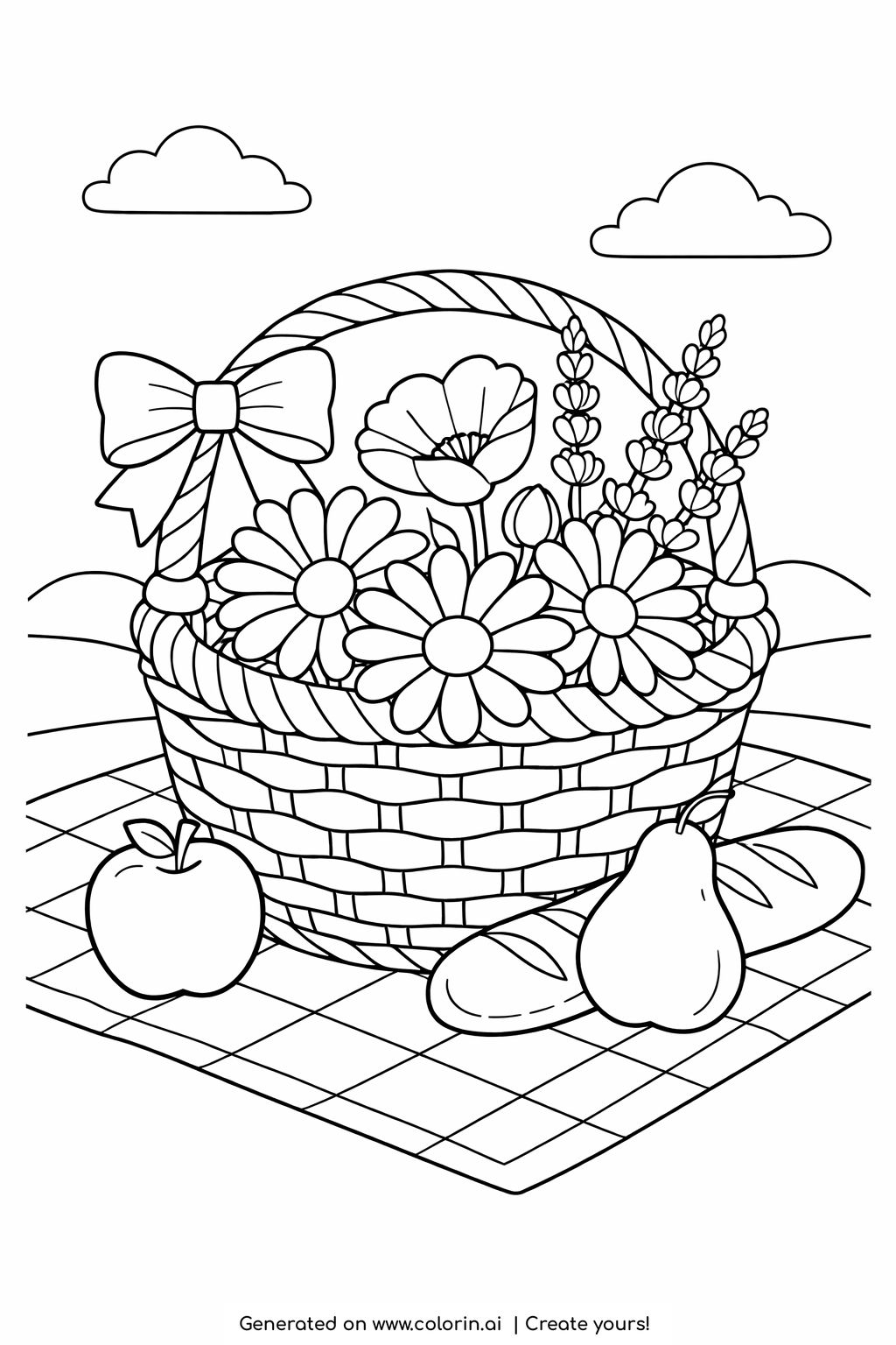Picnic Basket with Flowers and Fruit Coloring Page | Printable