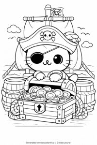pirate kitten with treasure chest coloring page on a ship with coins and barrels