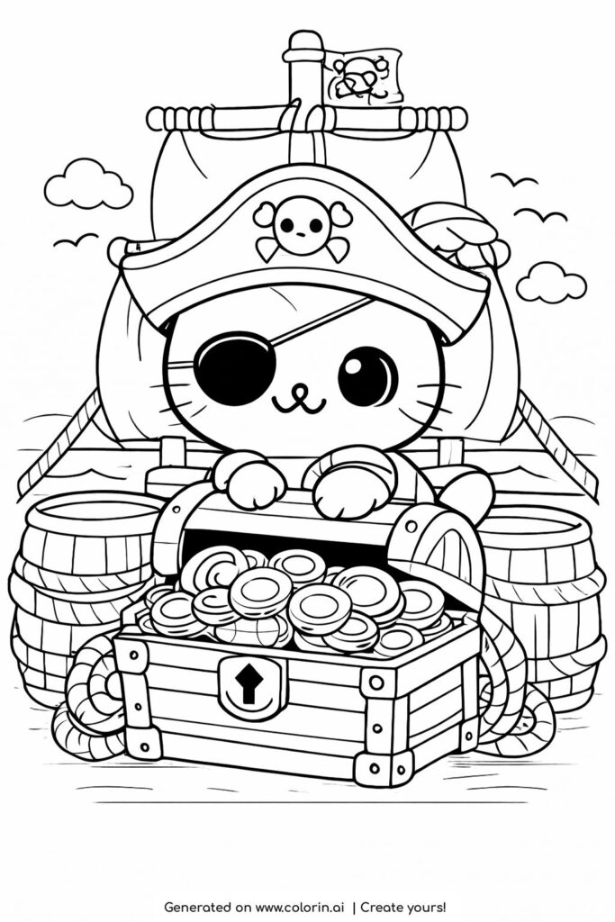 pirate kitten with treasure chest coloring page on a ship with coins and barrels