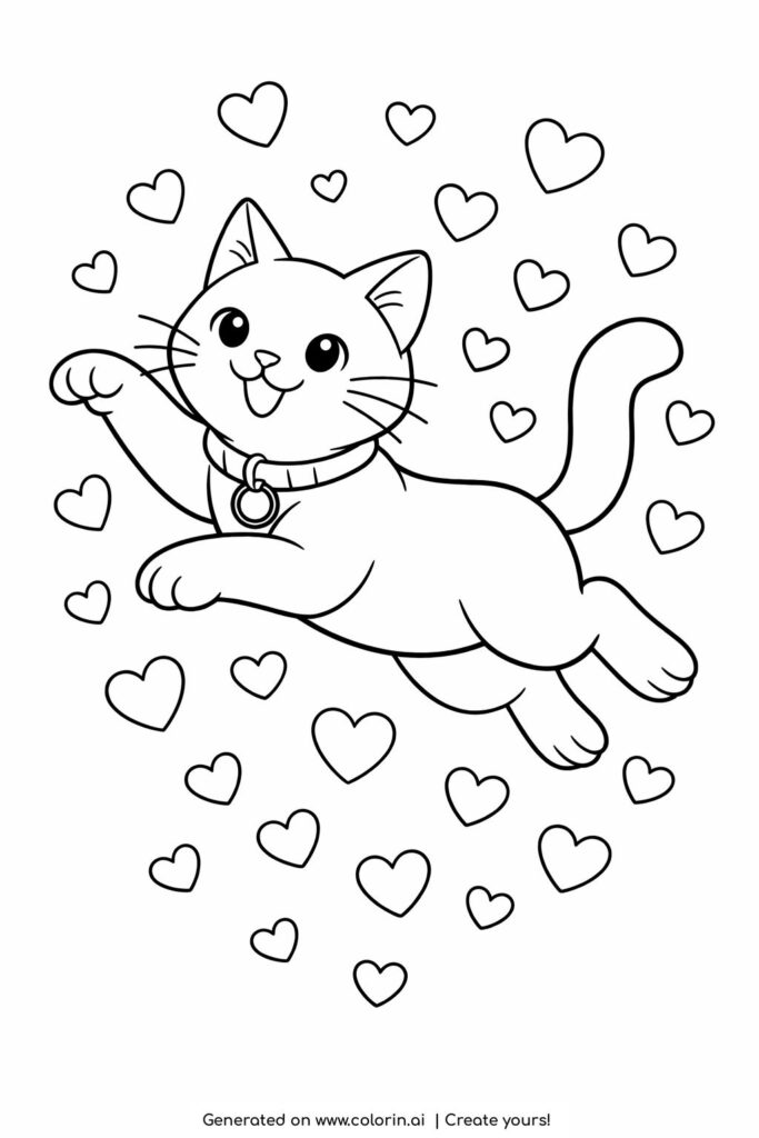 playful cat jumping among hearts coloring page with cute expression and floating heart shapes coloring page