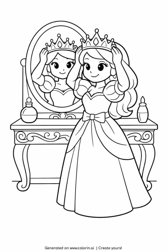 princess adjusting her crown coloring page in front of mirror coloring page