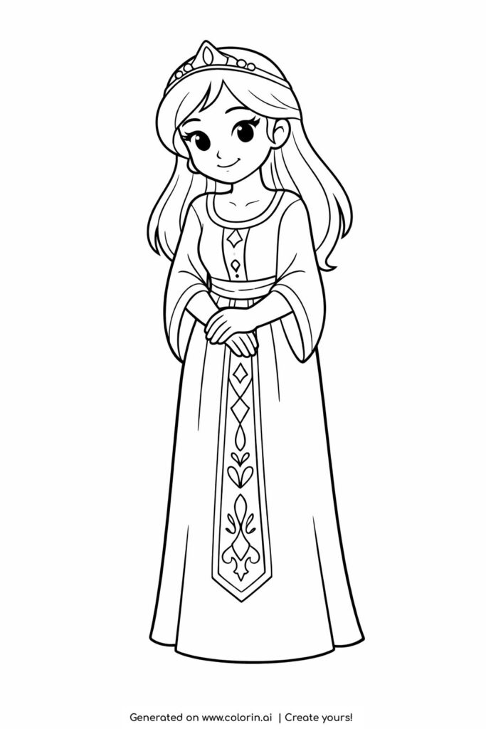 princess bowing politely with hands together coloring page with long dress