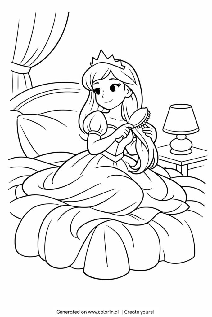 princess brushing hair in bedroom coloring page sitting on bed with bedside lamp coloring page