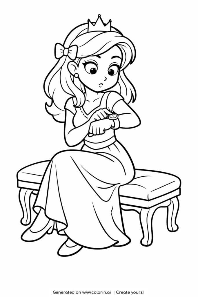 princess checking her watch coloring page sitting on a bench coloring page