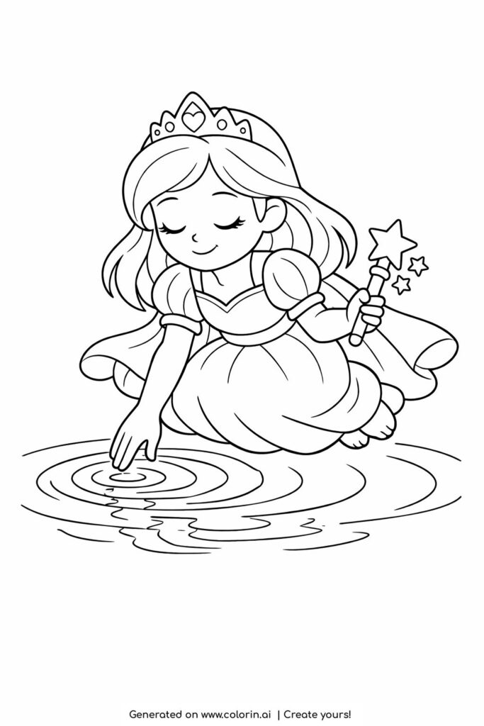 princess floating over lake with wand coloring page touching water with stars coloring page