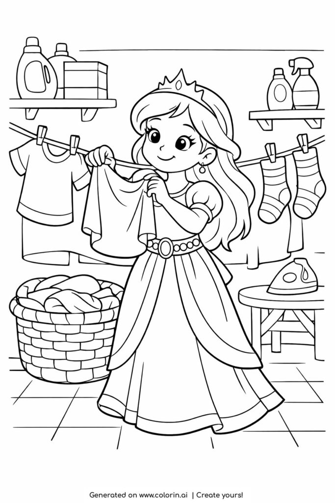 princess hanging laundry indoors coloring page with clothesline, basket and iron coloring page