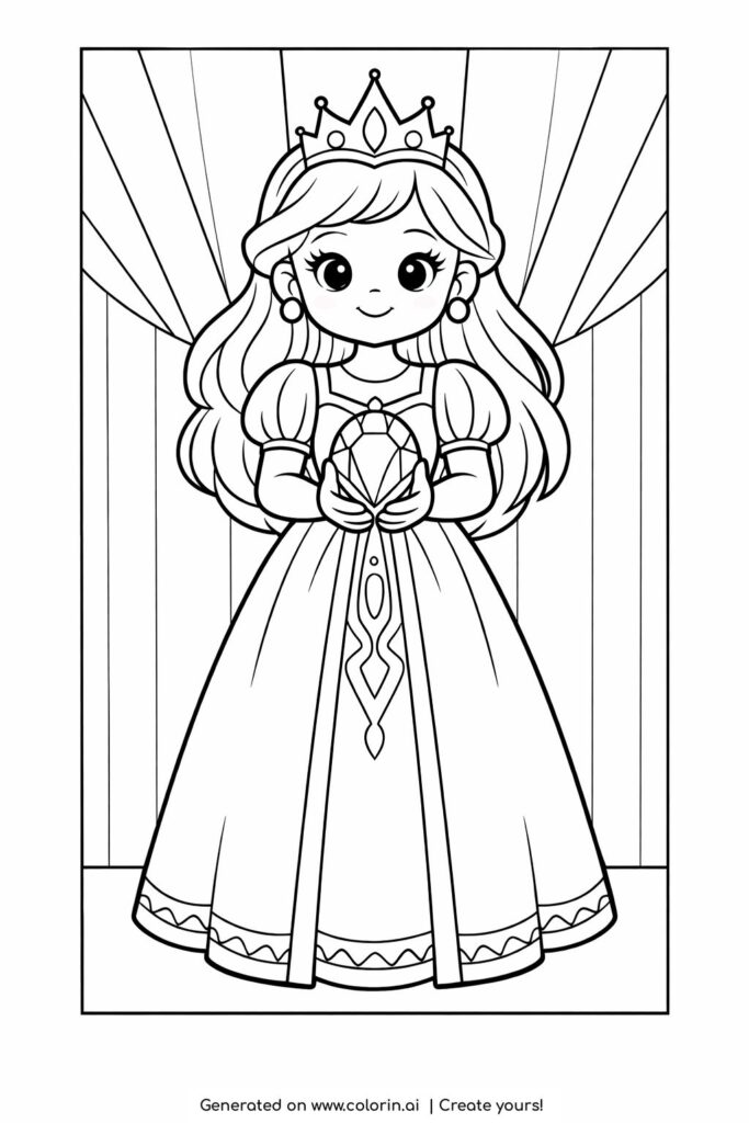 princess holding a big jewel coloring page with a cute crowned princess holding a gem in front of curtains coloring page