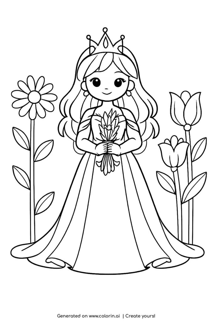 princess holding a bouquet of flowers coloring page with tall garden flowers coloring page