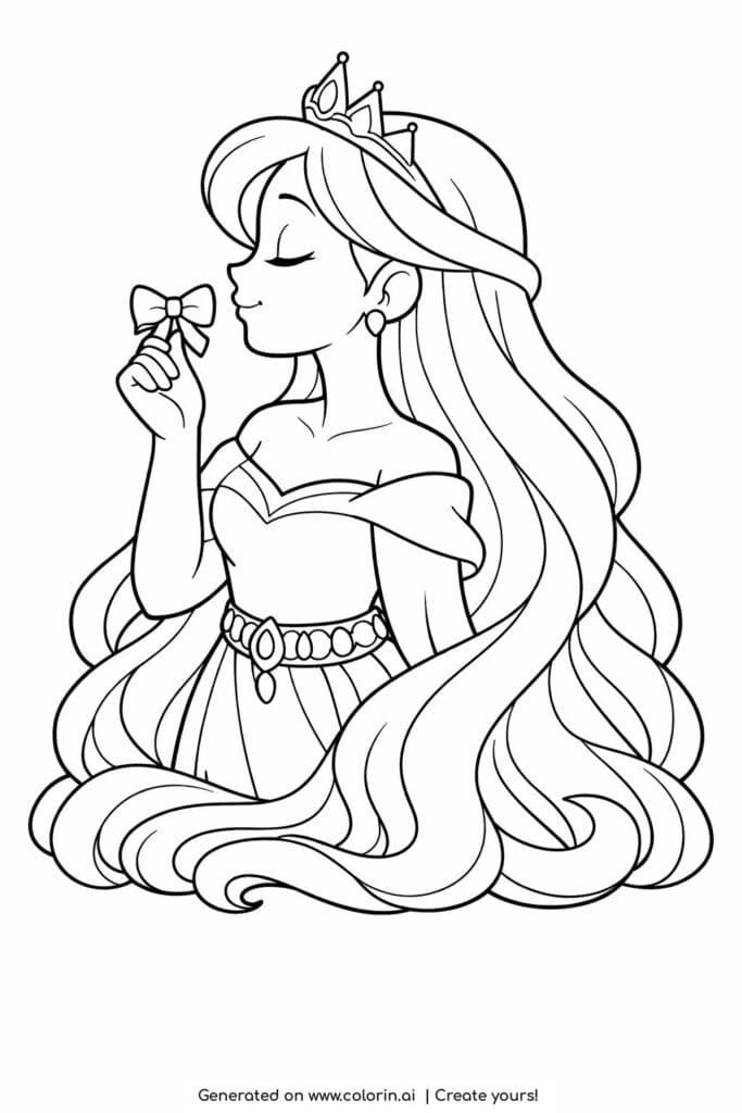 princess holding a bow coloring page with long flowing hair coloring page
