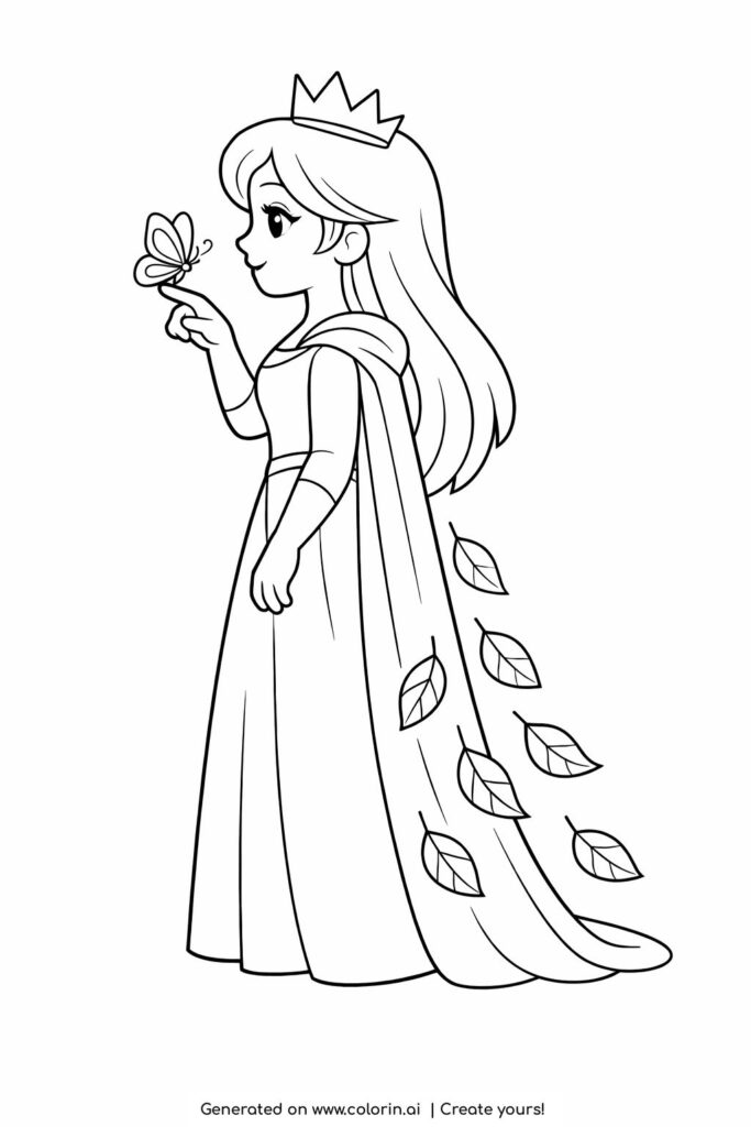 princess holding a butterfly coloring page with a side profile princess in a long dress and flowing cape coloring page