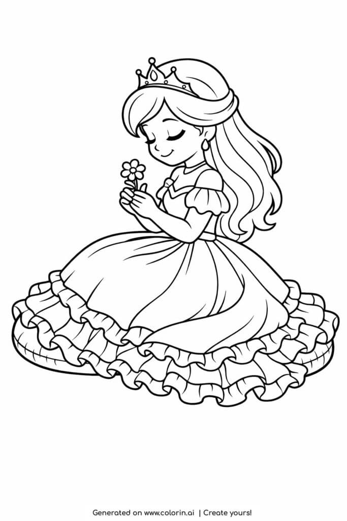 princess holding a flower coloring page sitting on a cushion coloring page