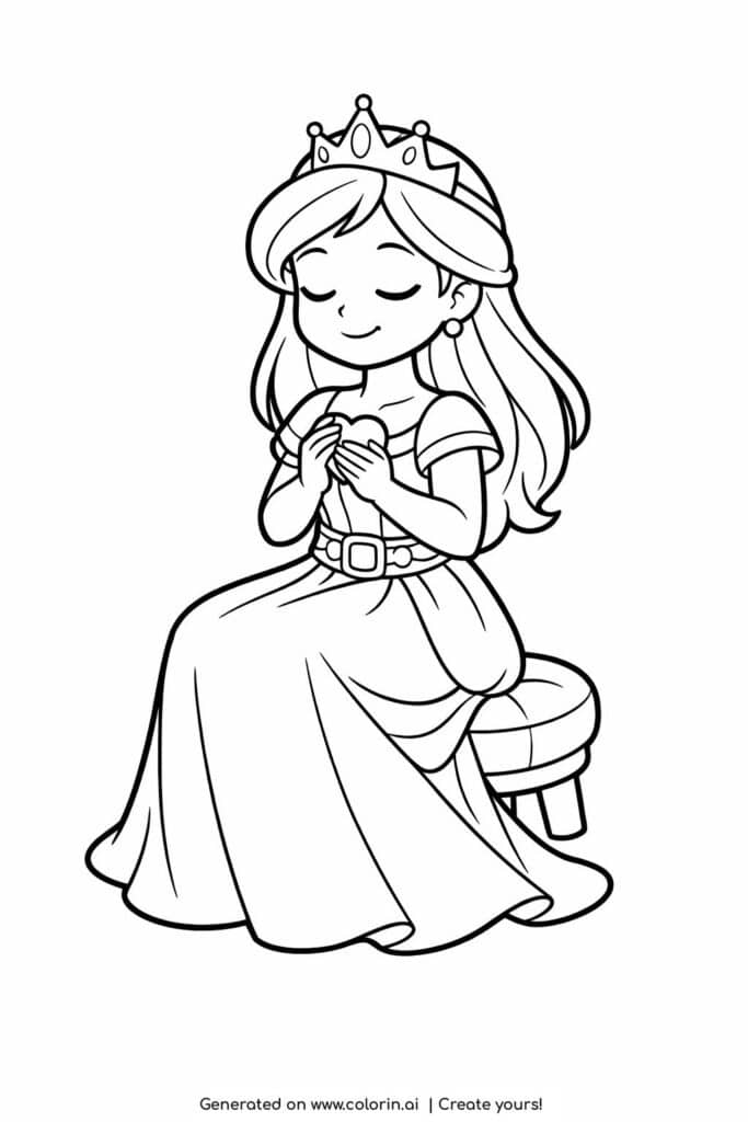 princess holding a heart coloring page sitting on a stool coloring page