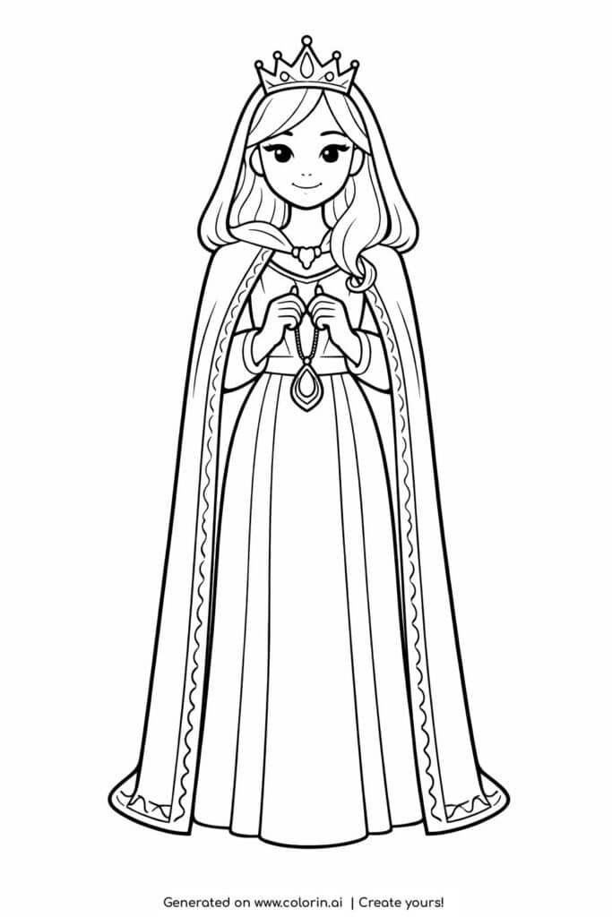 princess holding a pendant coloring page with long cape and crown coloring page
