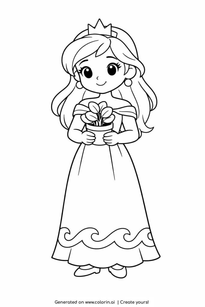 princess holding a potted plant coloring page with crown and long dress coloring page