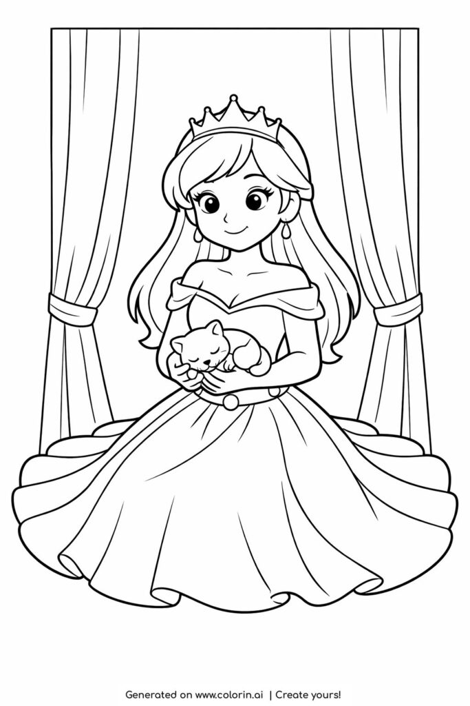 princess holding a sleeping kitten coloring page with curtains background coloring page