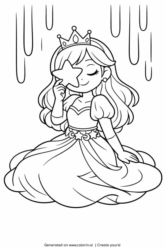 princess holding a star coloring page sitting in flowing dress coloring page