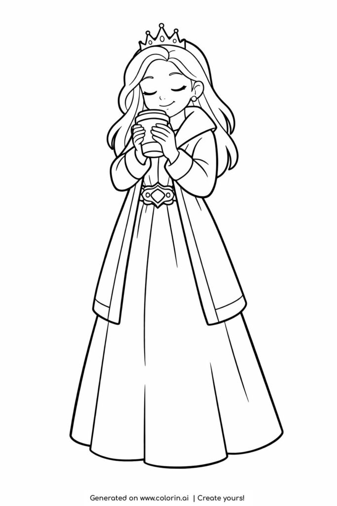 princess holding a warm cup coloring page with long coat and crown