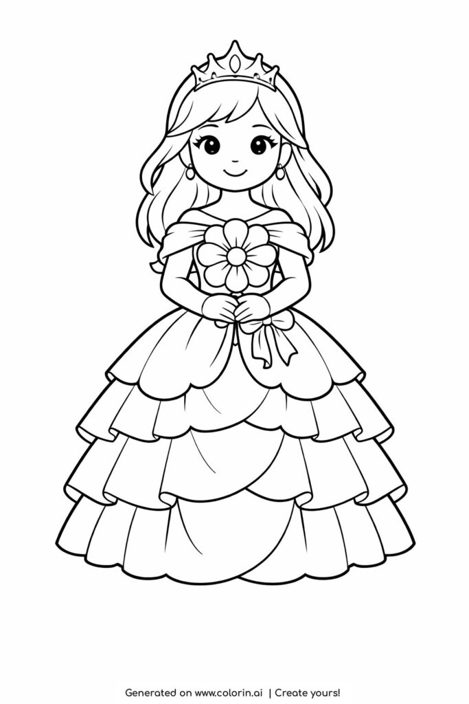 princess holding flower coloring page with layered dress and crown coloring page