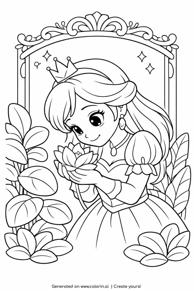 princess holding flower in greenhouse coloring page surrounded by leaves coloring page