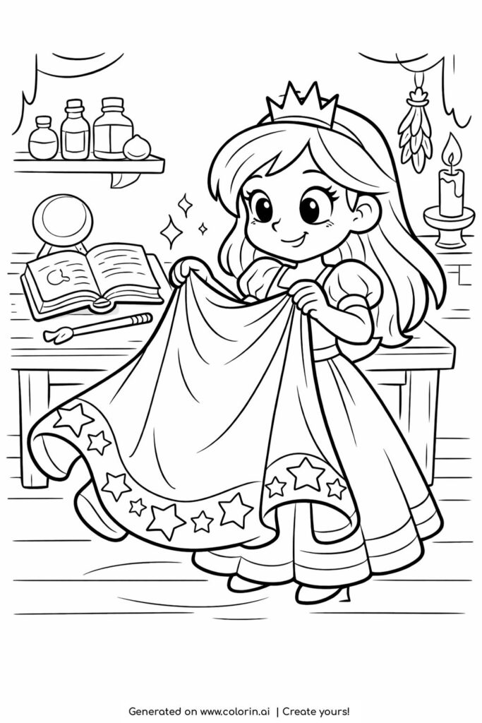 princess holding magic cape coloring page in a magic workshop with spellbook and candle coloring page
