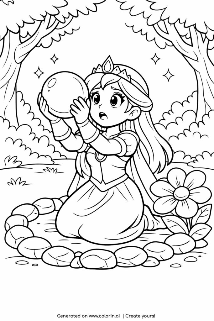 princess holding magic orb in forest coloring page with trees and stone circle coloring page