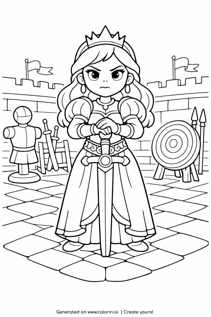 princess holding sword in training yard coloring page with castle walls and shield coloring page