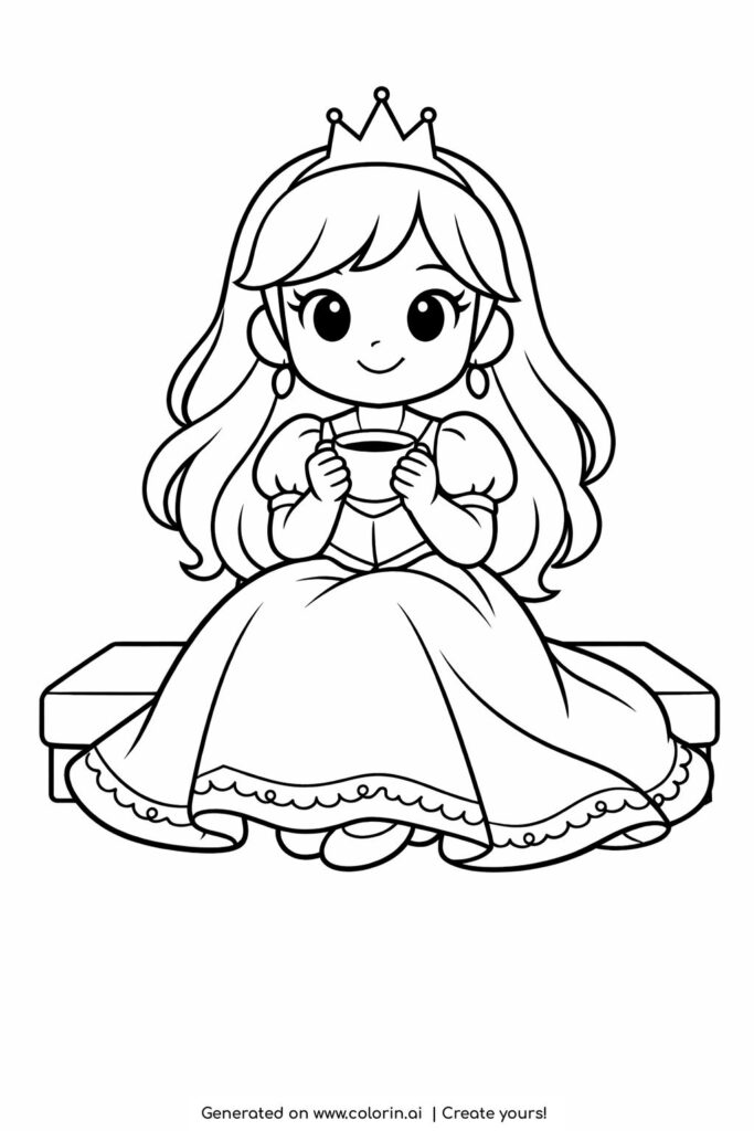 princess holding teacup on steps coloring page with crown and long dress line art coloring page