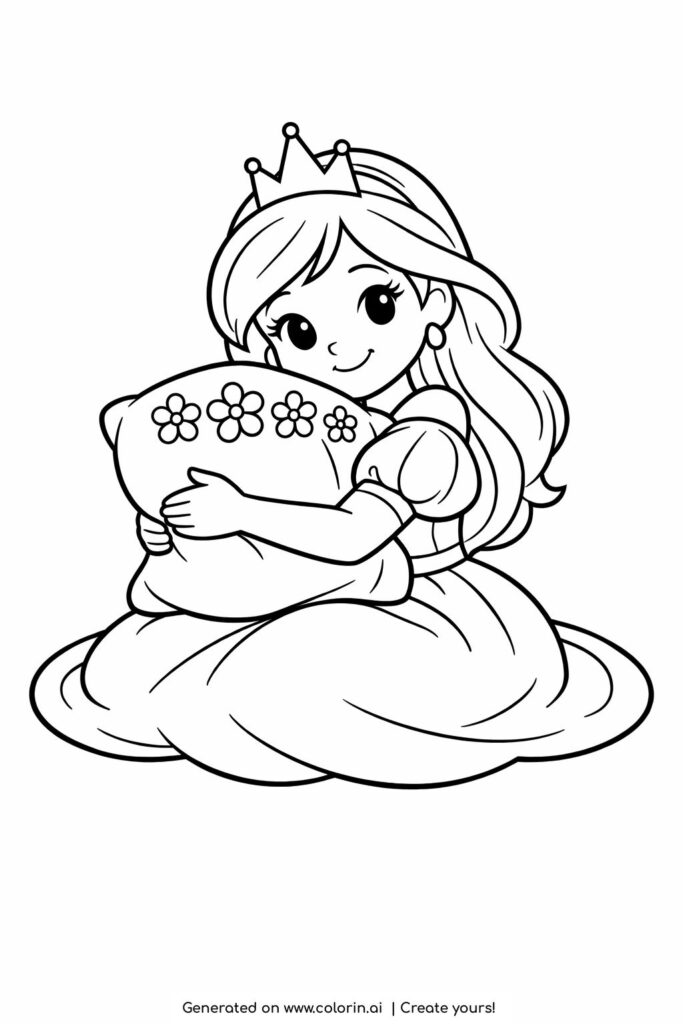 princess hugging pillow sitting coloring page with floral cushion design coloring page