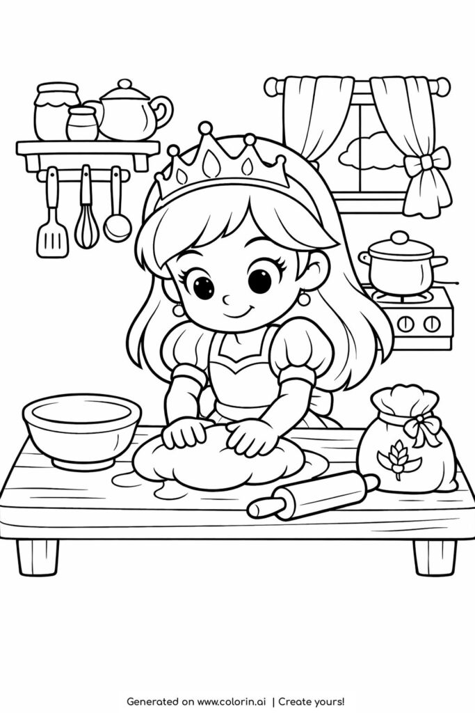 princess kneading dough in kitchen coloring page with bowl, rolling pin and flour sack coloring page