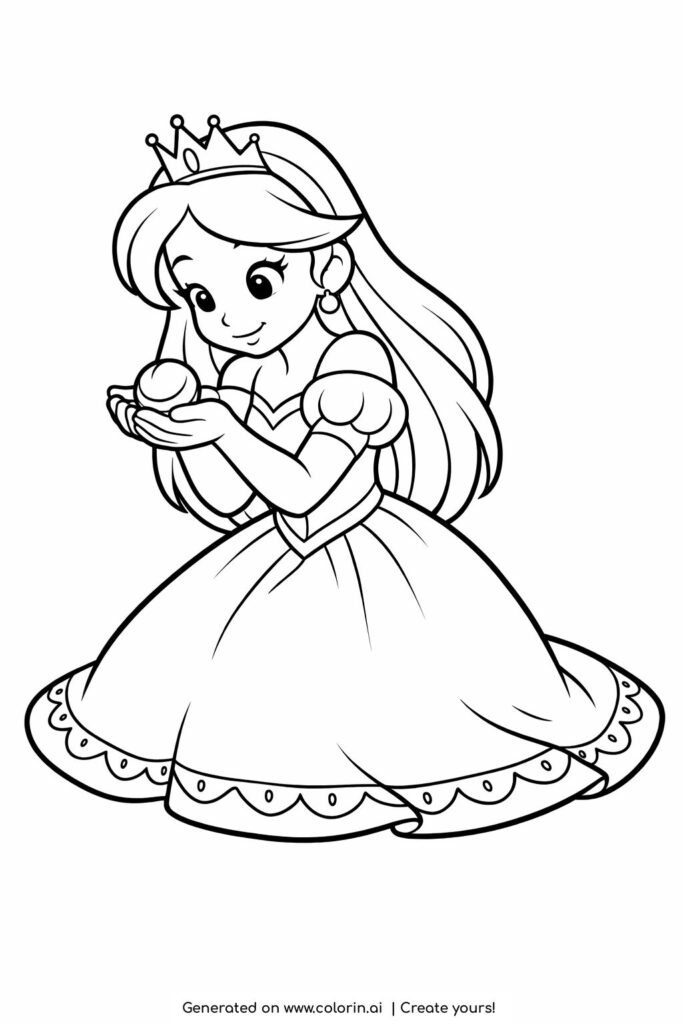 princess kneeling and holding a small bird coloring page with flowing dress coloring page