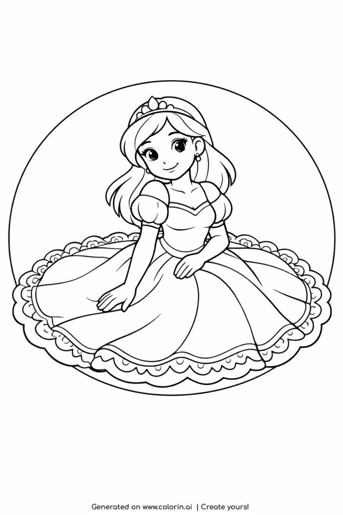 princess kneeling with circular dress coloring page with decorative border