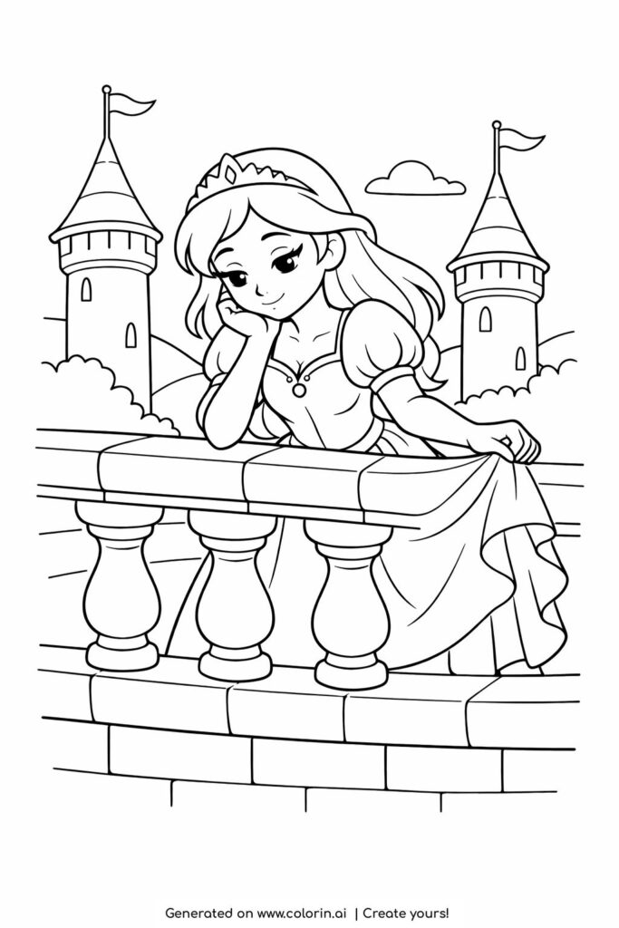 princess leaning on a castle balcony coloring page with towers