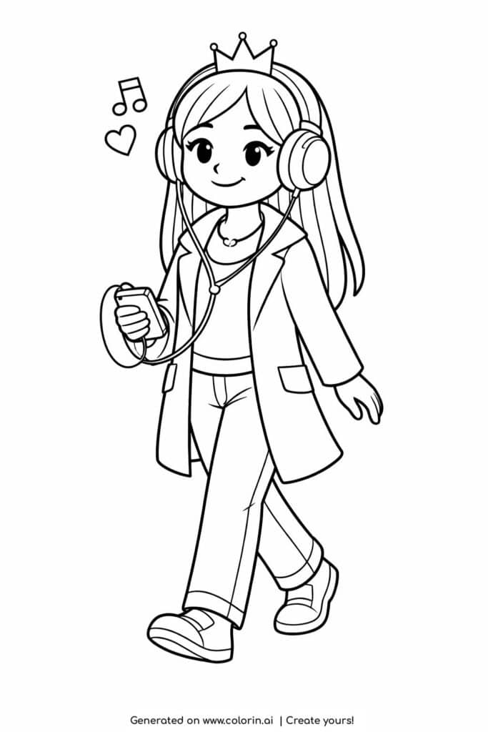 princess listening to music coloring page with headphones and crown coloring page