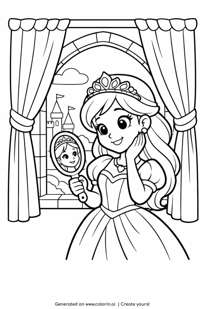 princess looking in a hand mirror coloring page by castle window