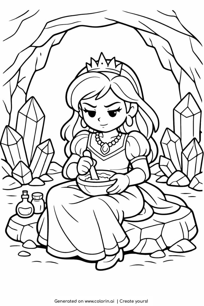 princess mixing potion in crystal cave coloring page with large crystals and bowl coloring page