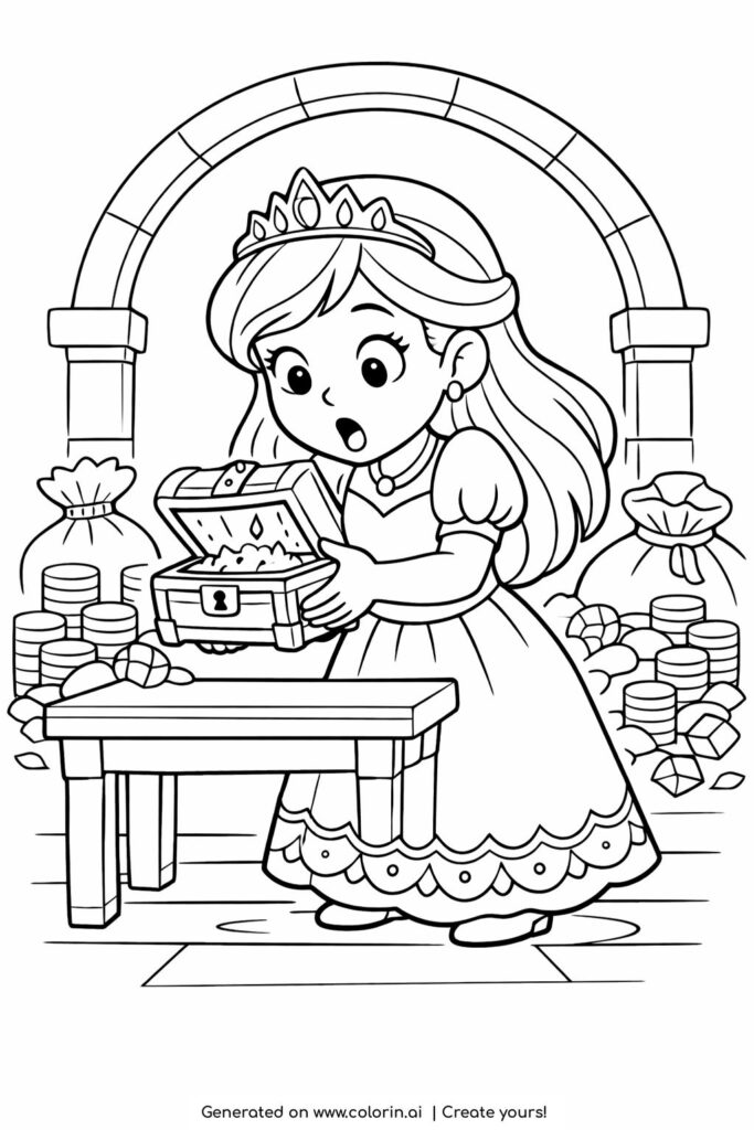 princess opening treasure chest coloring page with coins and jewels coloring page