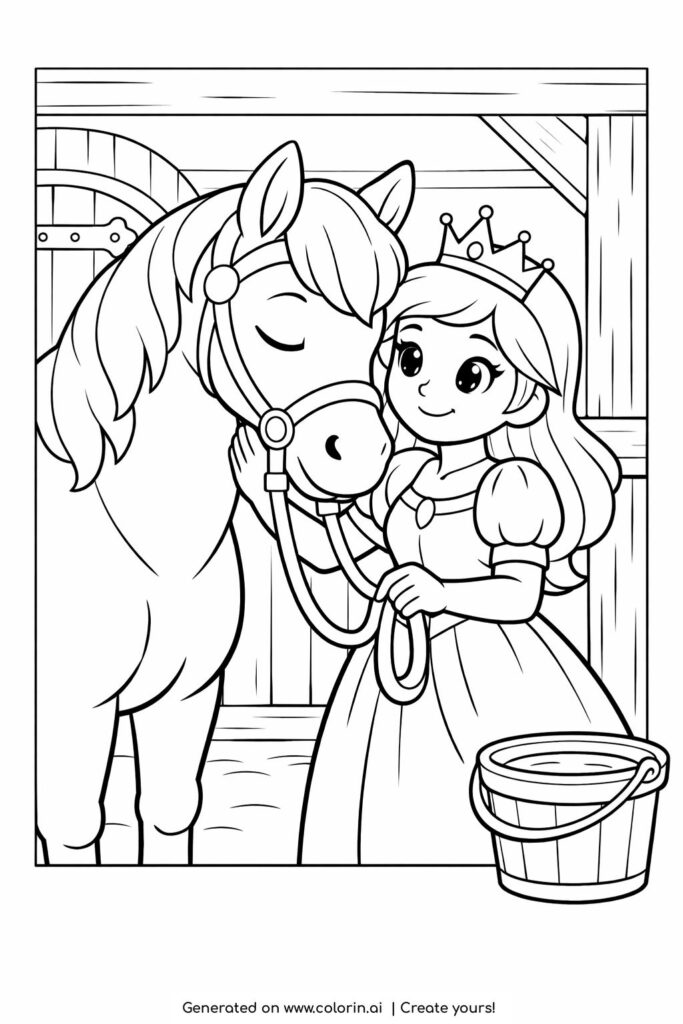princess petting a horse in a stable coloring page with bucket